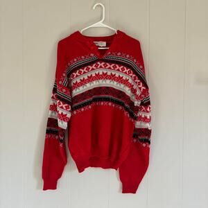 Vintage Puritan red & black henley funky design sweater men's large